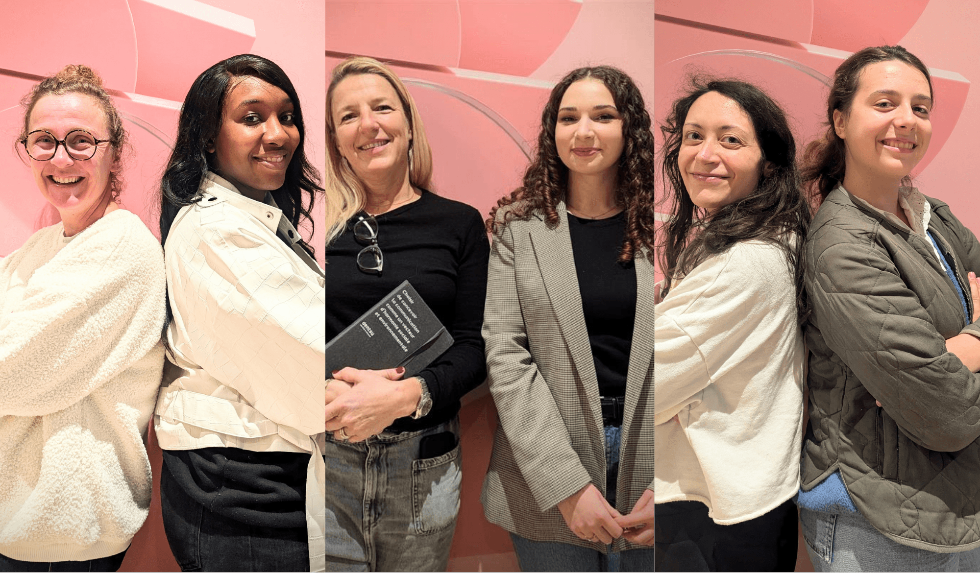 Accueil des propulsées chez dentsu — triptyque de trois binômes étudiant·e et mentor en discussion.